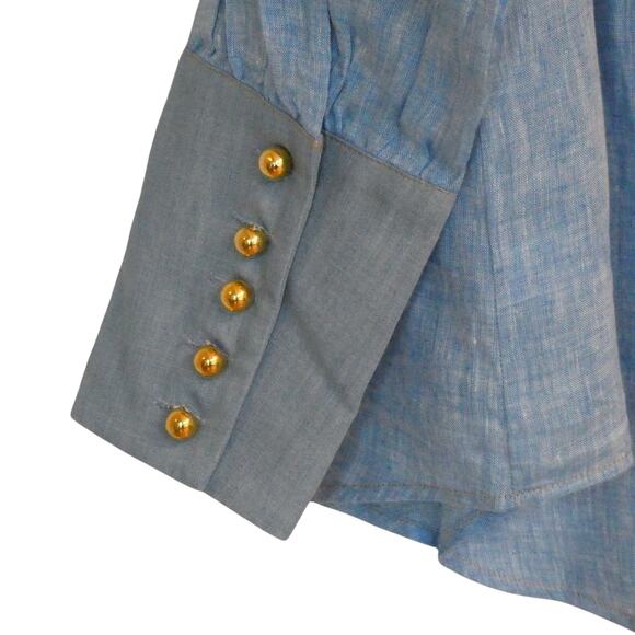NWT Tuckernuck Mirabella Ruffle Chambray Linen Blouse Shirt Gold Buttons Blue XL - Picture 5 of 10